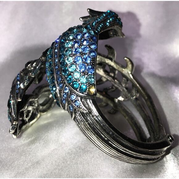 Peacock Bracelet Art Deco Rhinestone Hinged Cuff Wrap Clamp Aqua Blue - Picture 9 of 11